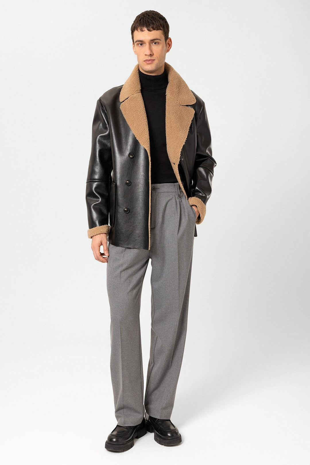 ANT Antioch Black Lined Detailed Faux Leather Double-Breasted Men's Coat - Kherson