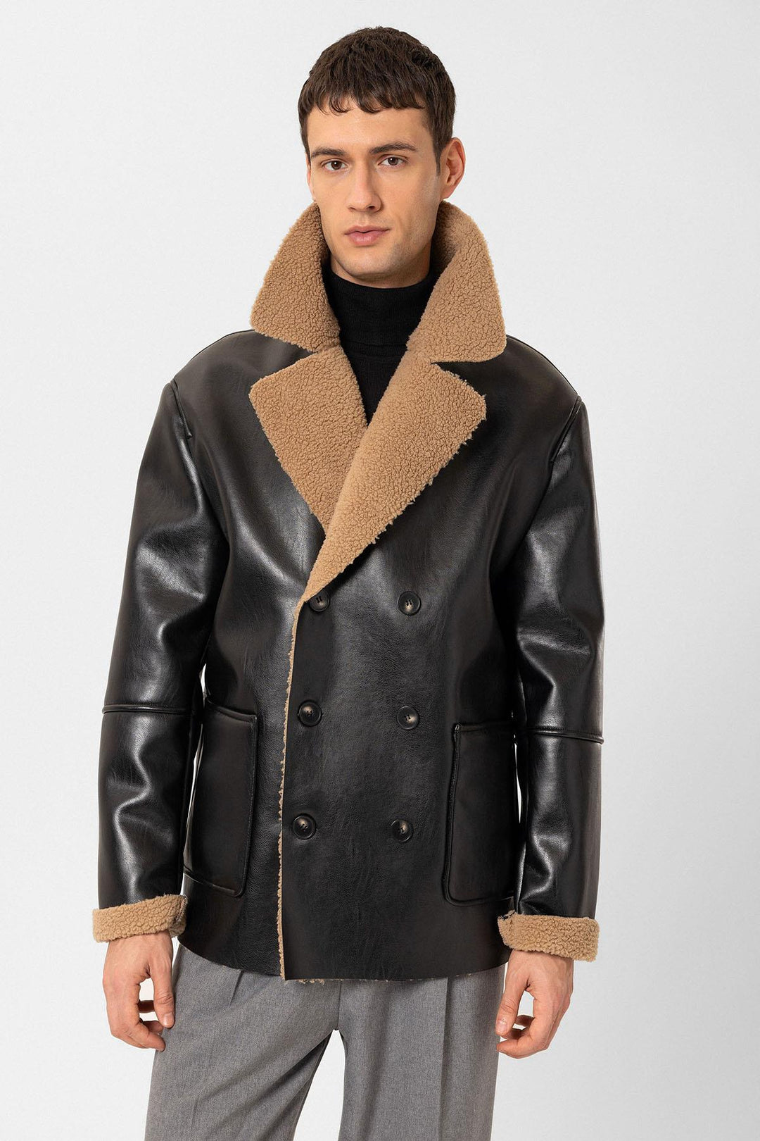 ANT Antioch Black Lined Detailed Faux Leather Double-Breasted Men's Coat - Kherson