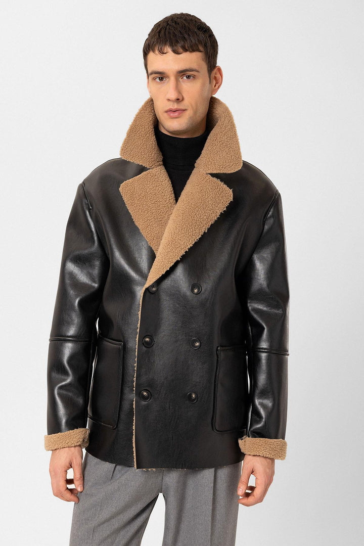 ANT Antioch Black Lined Detailed Faux Leather Double-Breasted Men's Coat - Kherson