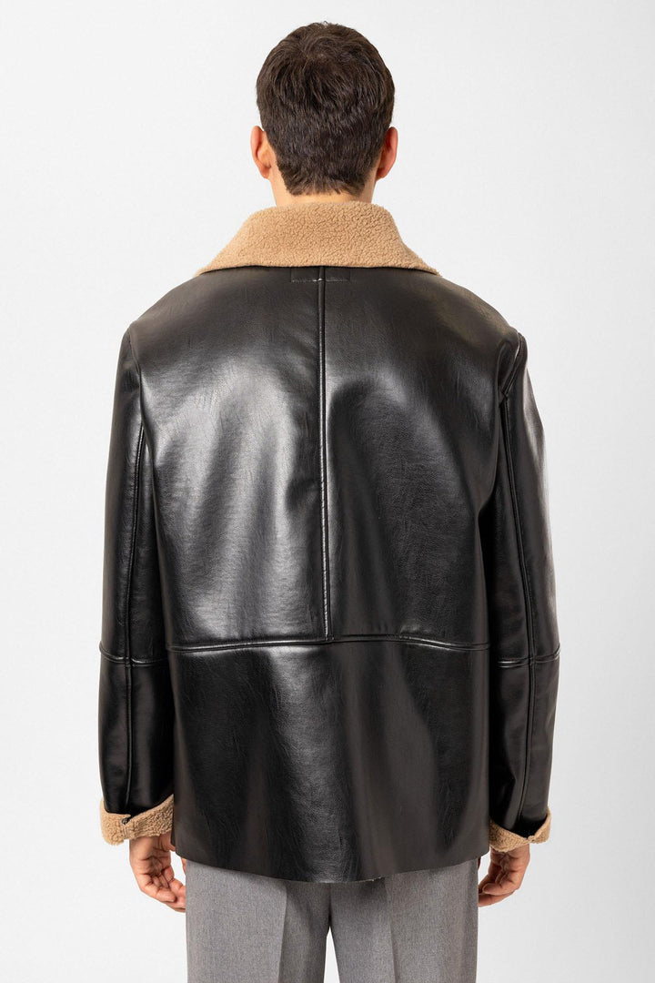 ANT Antioch Black Lined Detailed Faux Leather Double-Breasted Men's Coat - Kherson