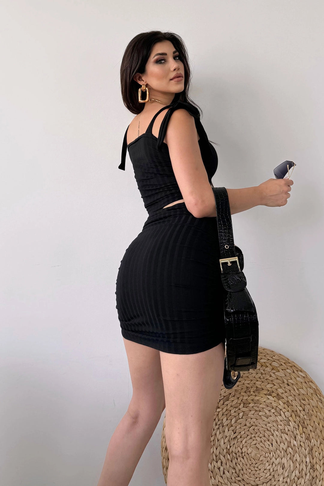 Black Lace-Up Detailed Crop Blouse and Skirt Set BCDF-251085 - Prato