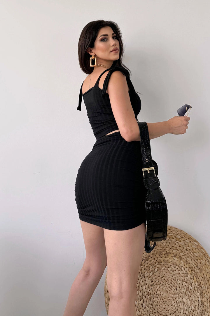 Black Lace-Up Detailed Crop Blouse and Skirt Set BCDF-251085 - Prato