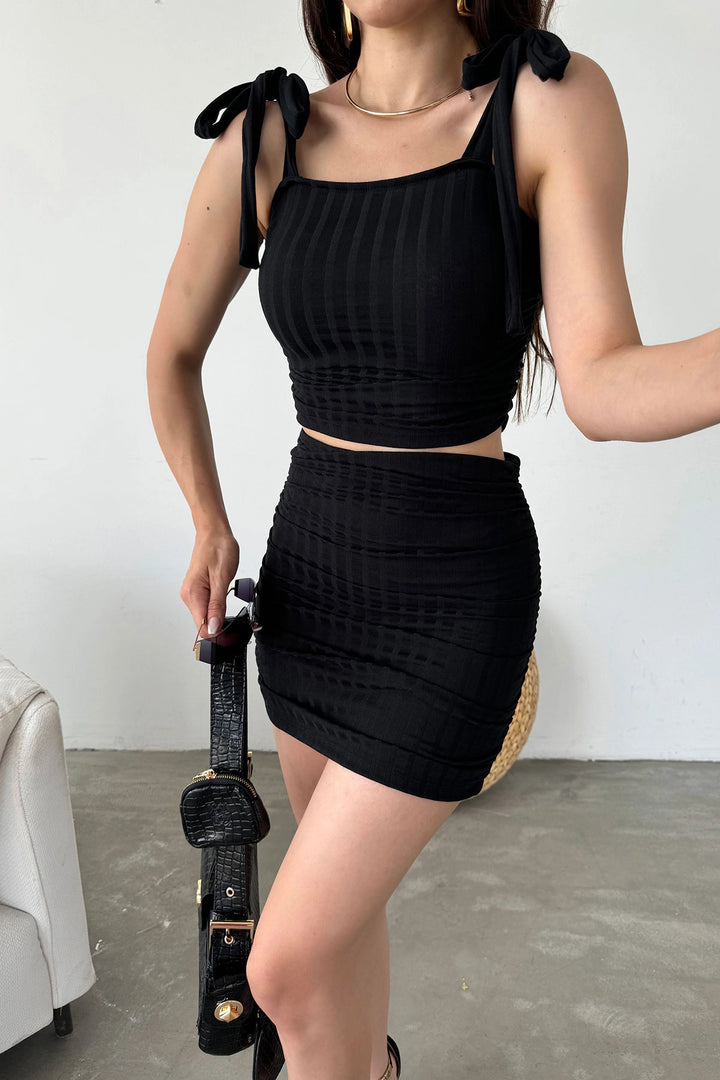 Black Lace-Up Detailed Crop Blouse and Skirt Set BCDF-251085 - Prato