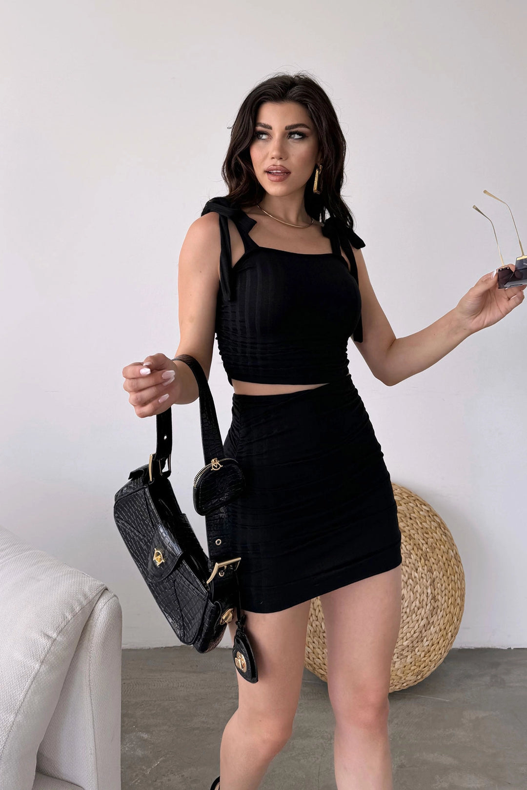 Black Lace-Up Detailed Crop Blouse and Skirt Set BCDF-251085 - Prato