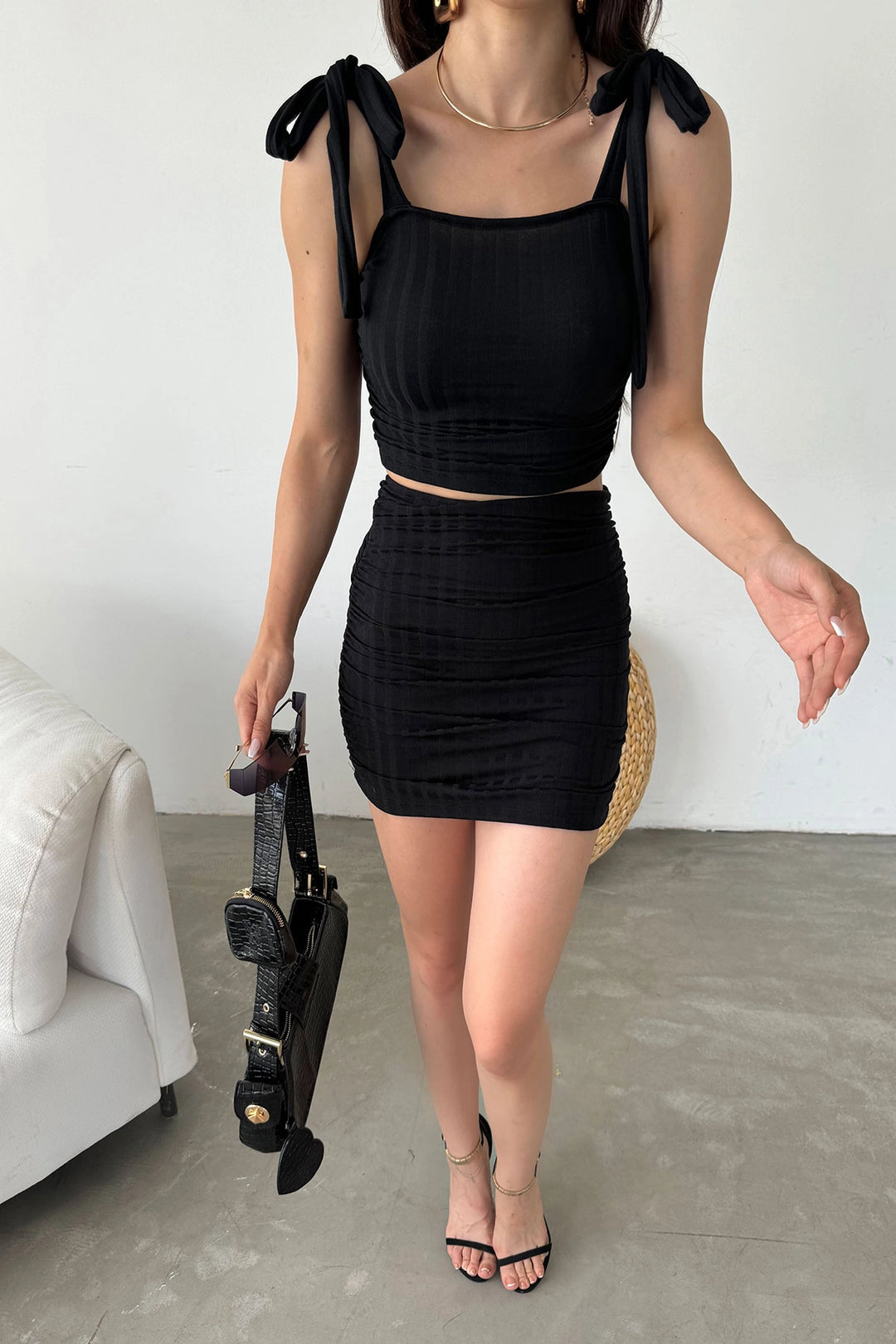 Black Lace-Up Detailed Crop Blouse and Skirt Set BCDF-251085 - Prato