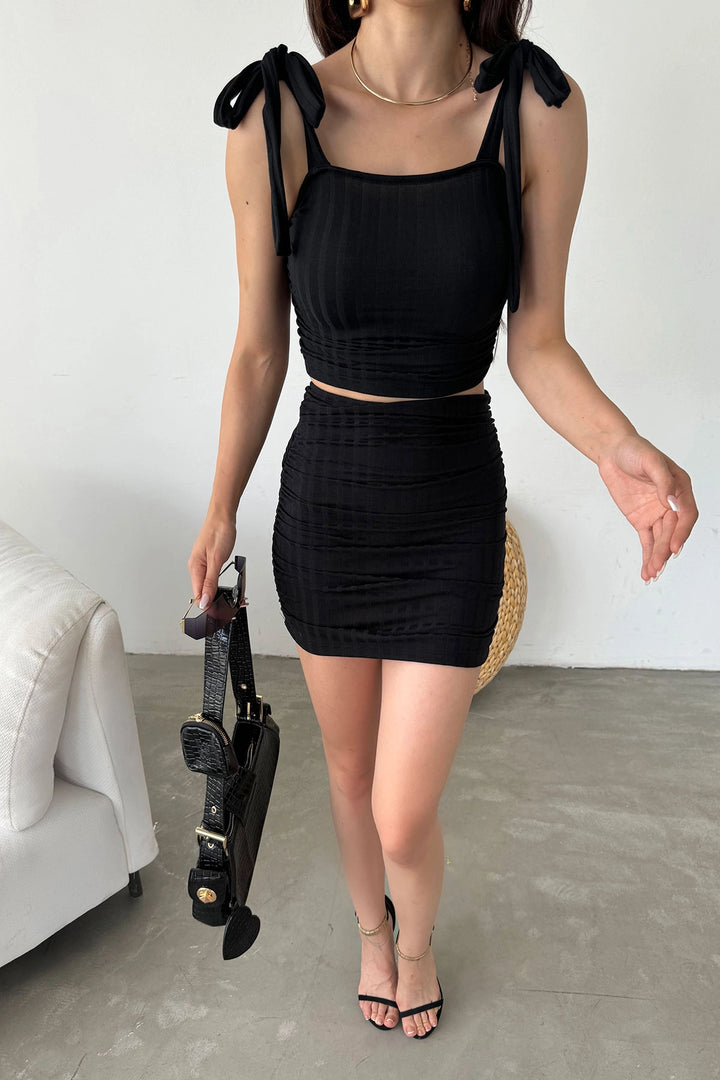 Black Lace-Up Detailed Crop Blouse and Skirt Set BCDF-251085 - Prato