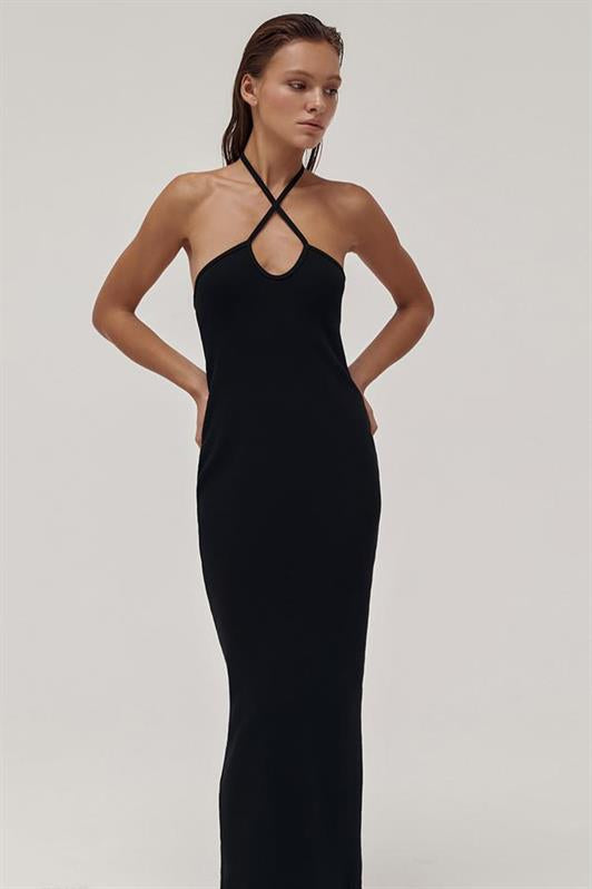 MDX Black Lace-Up Long Basic Dress MG1854 - Mukacheve