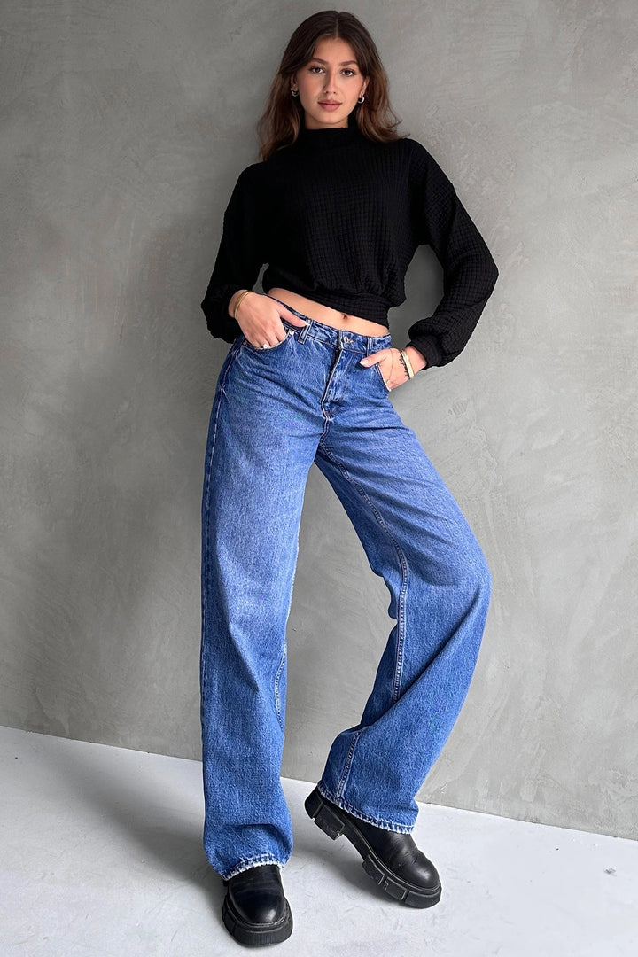 Black Fisherman Collar Textured Crop Blouse BCDF-242126 - Hampstead