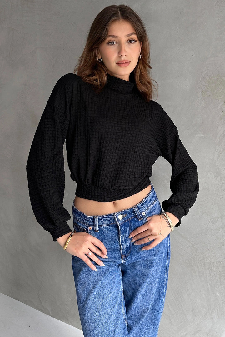 Black Fisherman Collar Textured Crop Blouse BCDF-242126 - Hampstead