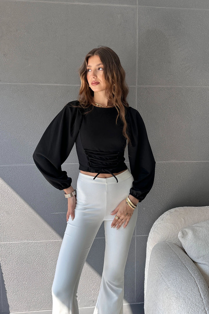 Black Balloon Sleeve Detailed Crop Blouse BCDF-242113 - Keizer