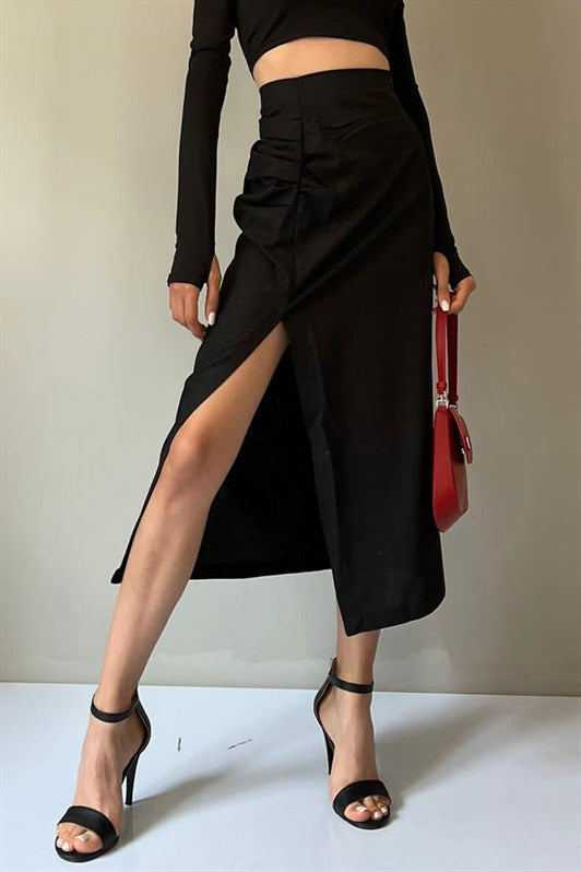 MDX Black Basic Midi Length Ruched Linen Skirt MG1540 - Tamworth