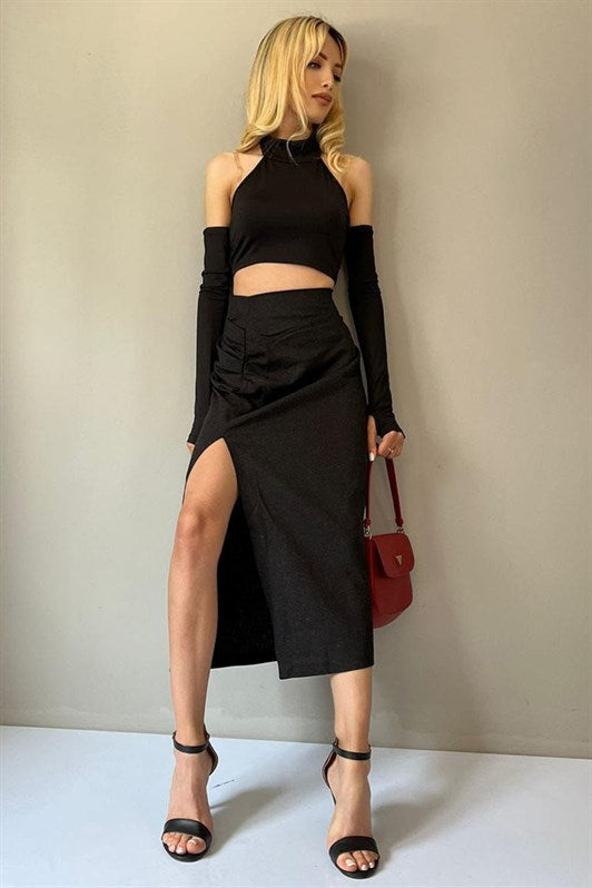 MDX Black Basic Midi Length Ruched Linen Skirt MG1540 - Tamworth