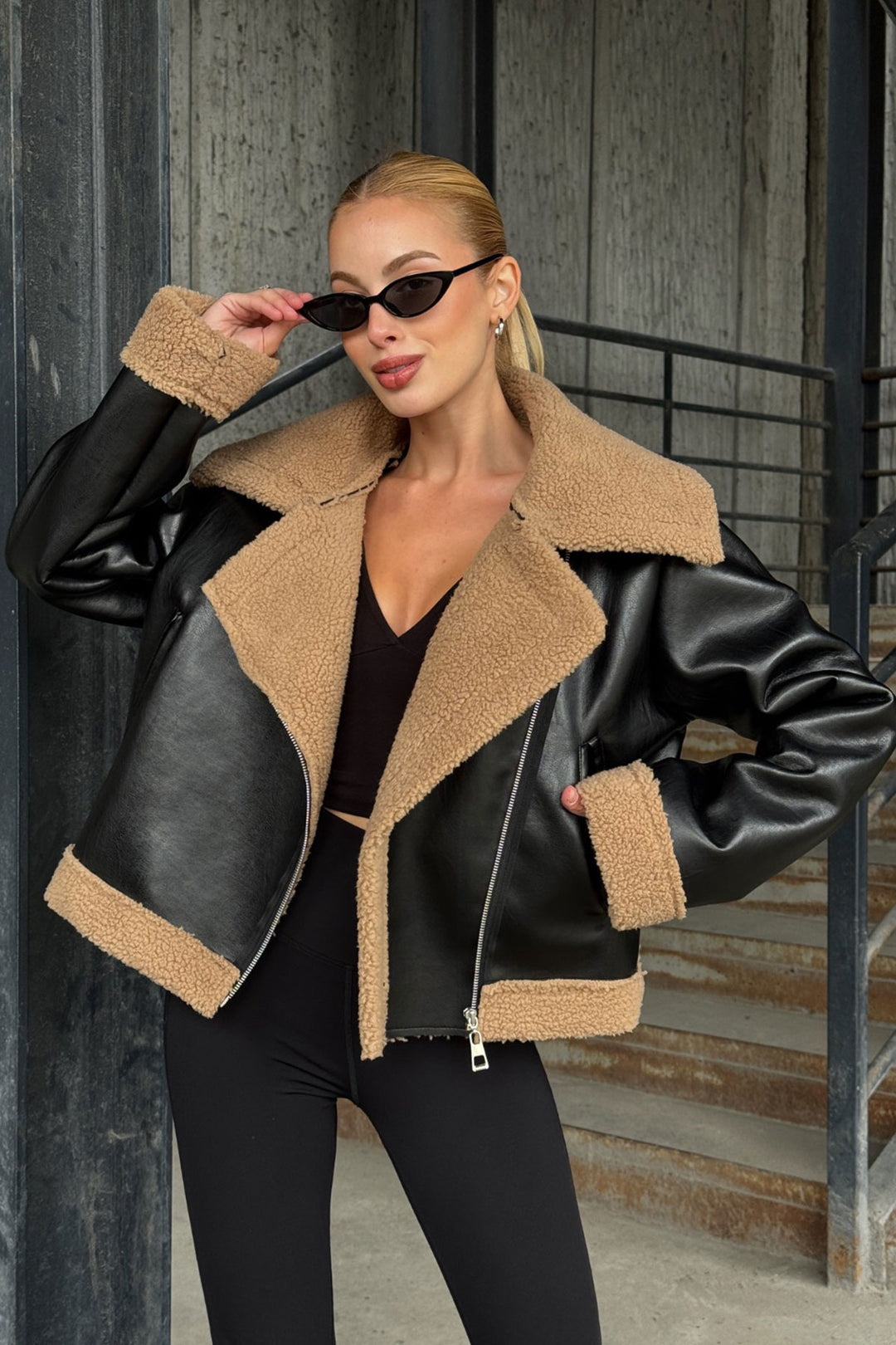 Black Beige Double Pocket Faux Fur Lined Faux Leather Biker Jacket BCVL-25V700 - Waregem
