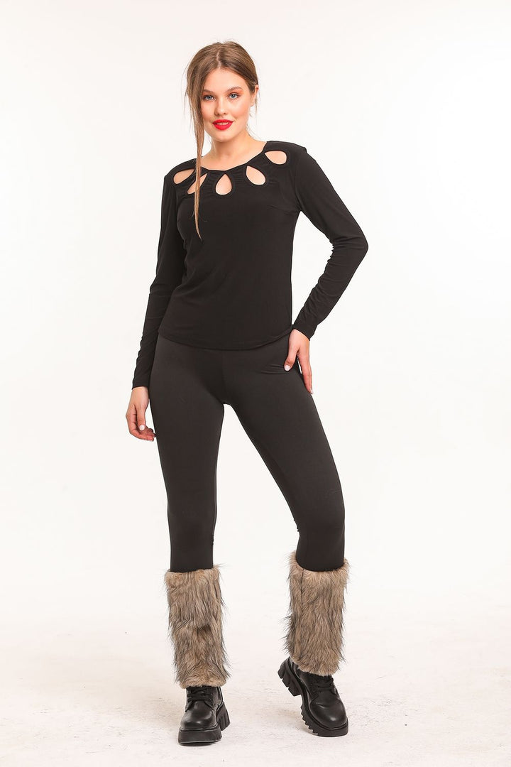 SNS Sense Black-Beige Patchwork Fur Trimmed Steel Leggings - Kobryn