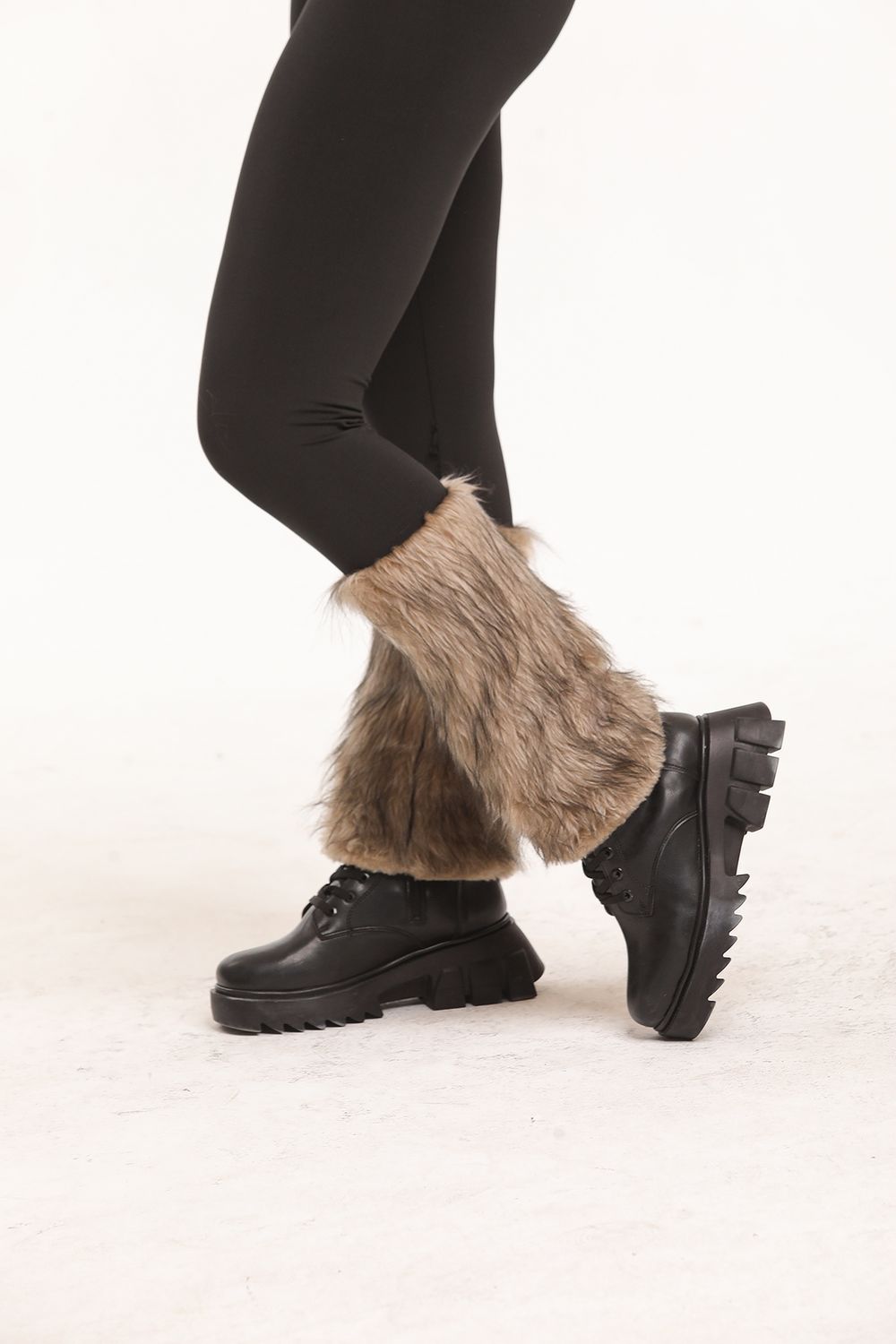 SNS Sense Black-Beige Patchwork Fur Trimmed Steel Leggings - Kobryn