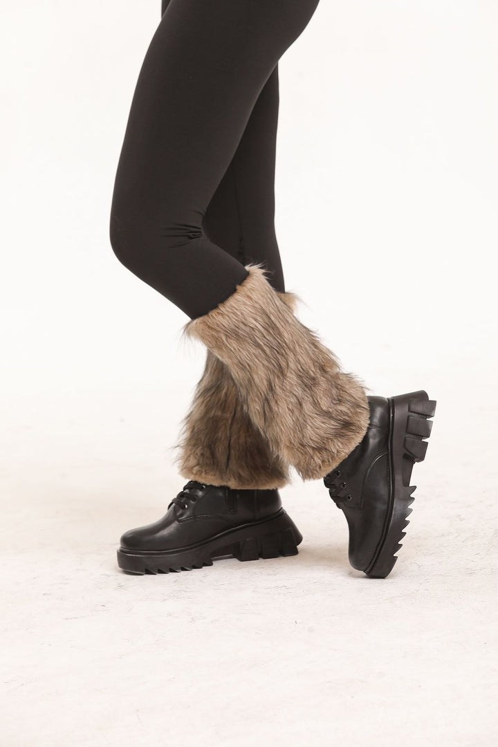 SNS Sense Black-Beige Patchwork Fur Trimmed Steel Leggings - Kobryn