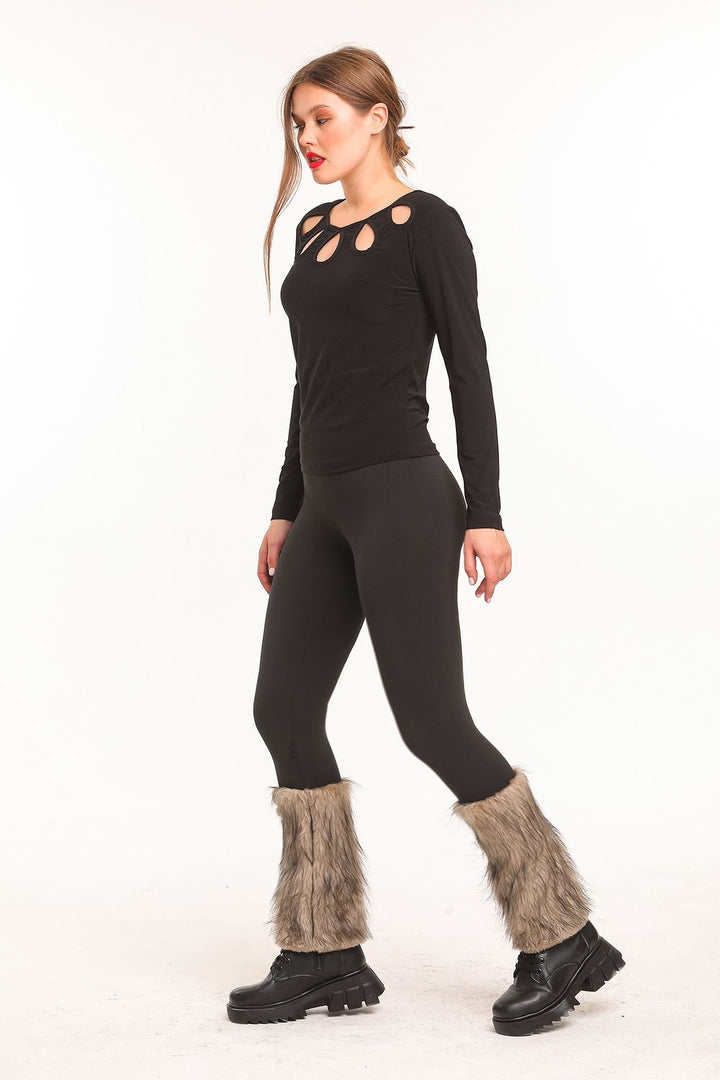 SNS Sense Black-Beige Patchwork Fur Trimmed Steel Leggings - Kobryn