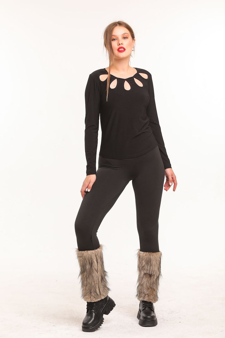 SNS Sense Black-Beige Patchwork Fur Trimmed Steel Leggings - Kobryn