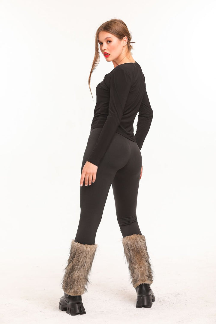 SNS Sense Black-Beige Patchwork Fur Trimmed Steel Leggings - Kobryn