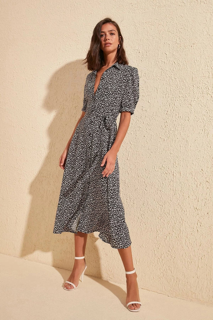 Black Belted Short Sleeve Shirt Dress BCBSK-25700-K5174 - Lisbon