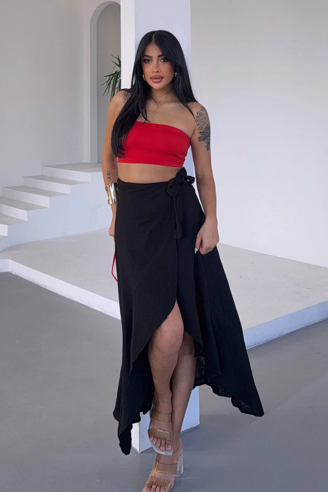 Black High Waist Ruffled Flared Muslin Woven Skirt BCBT-251006 - Carcassonne