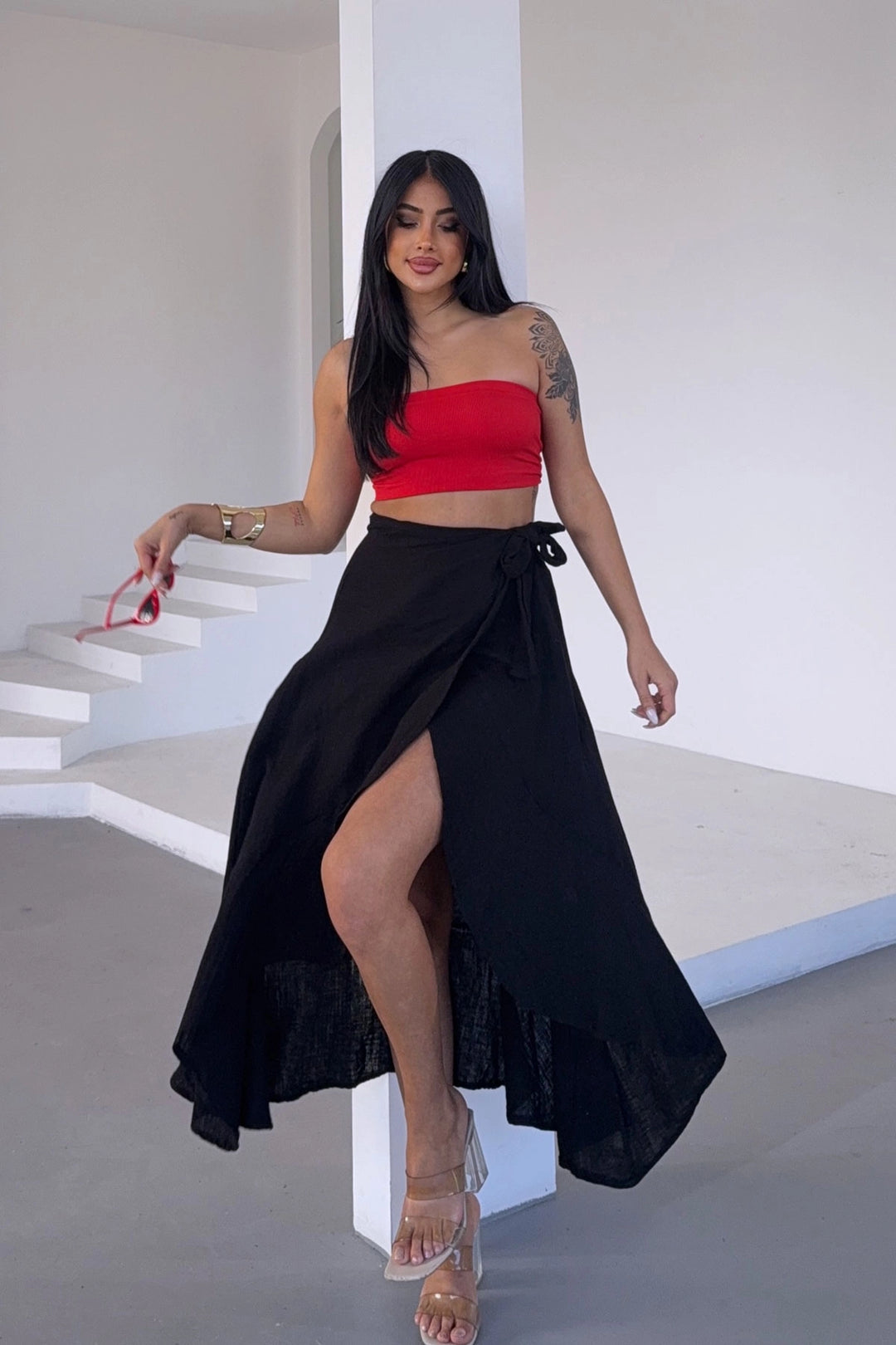 Black High Waist Ruffled Flared Muslin Woven Skirt BCBT-251006 - Carcassonne