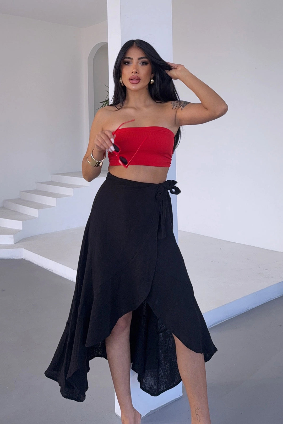 Black High Waist Ruffled Flared Muslin Woven Skirt BCBT-251006 - Carcassonne