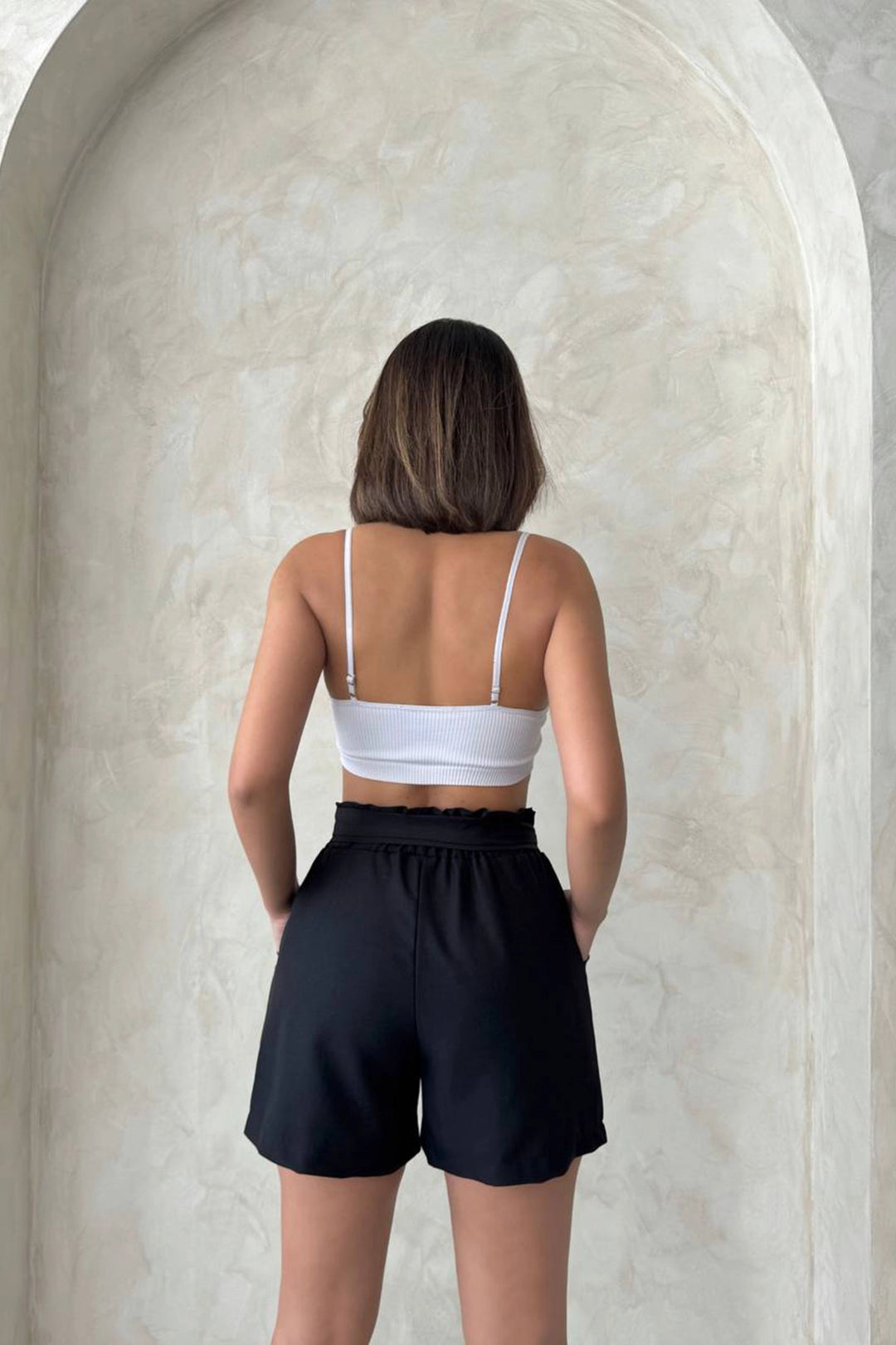 Black High Waisted Belted Linen Shorts with Detailed Elastic Waistband BCHN-2525265 - Constanţa