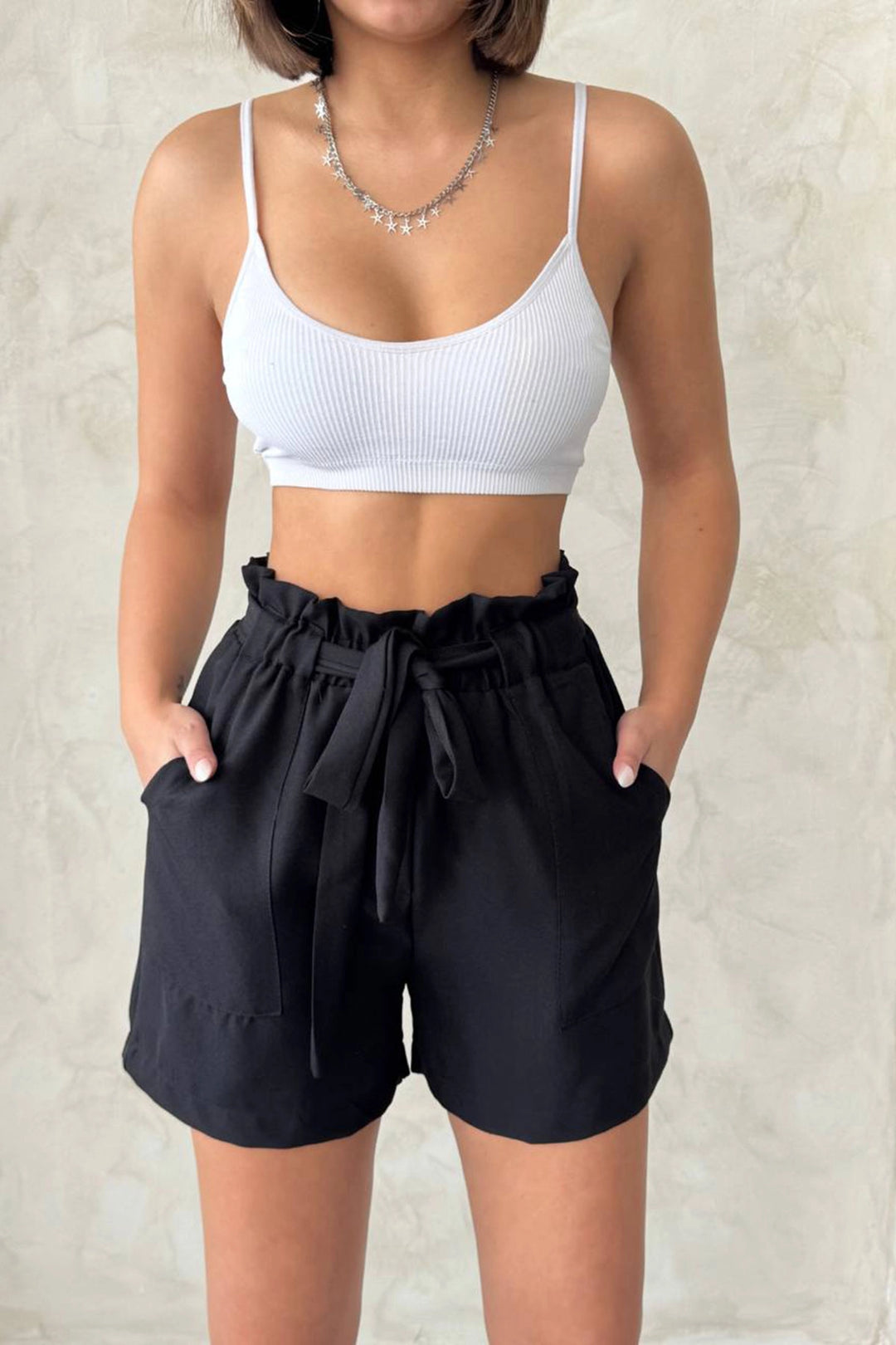 Black High Waisted Belted Linen Shorts with Detailed Elastic Waistband BCHN-2525265 - Constanţa