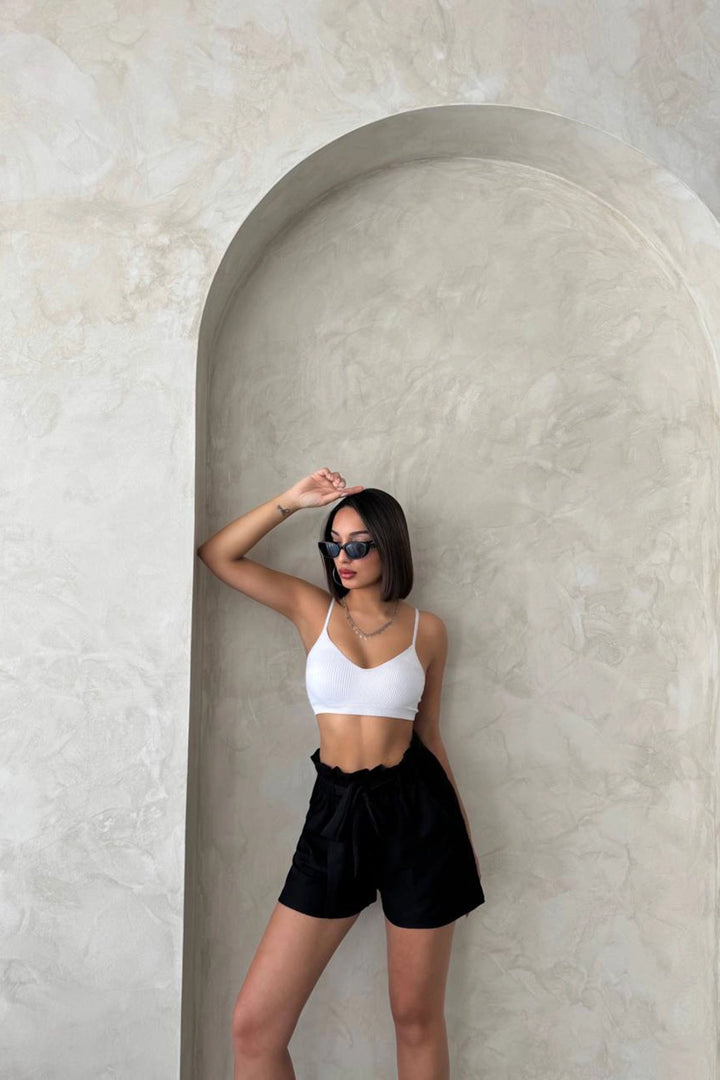 Black High Waisted Belted Linen Shorts with Detailed Elastic Waistband BCHN-2525265 - Constanţa