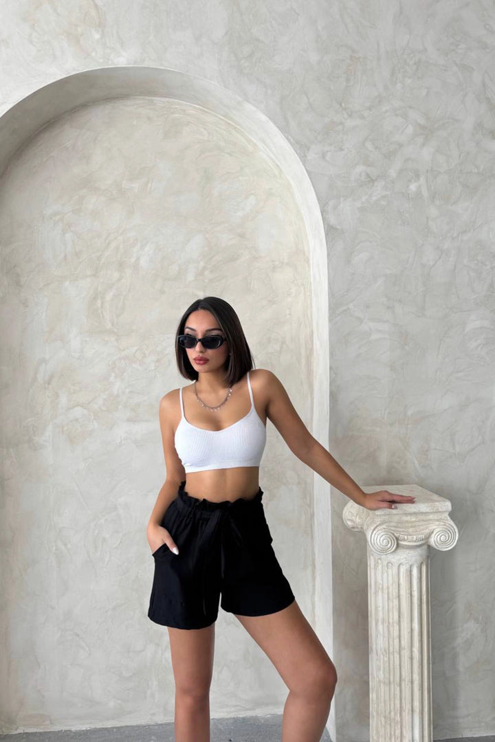 Black High Waisted Belted Linen Shorts with Detailed Elastic Waistband BCHN-2525265 - Constanţa