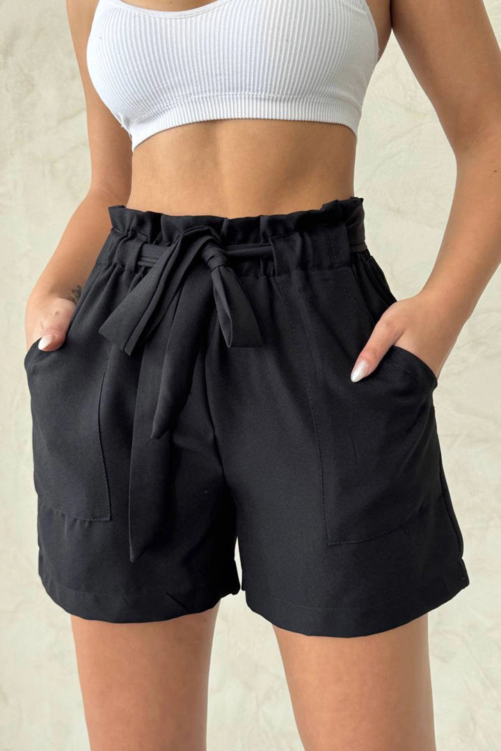 Black High Waisted Belted Linen Shorts with Detailed Elastic Waistband BCHN-2525265 - Constanţa