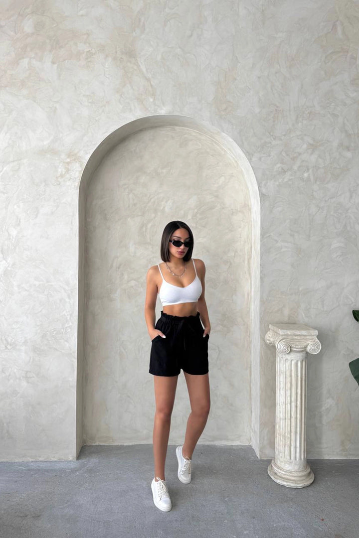 Black High Waisted Belted Linen Shorts with Detailed Elastic Waistband BCHN-2525265 - Constanţa