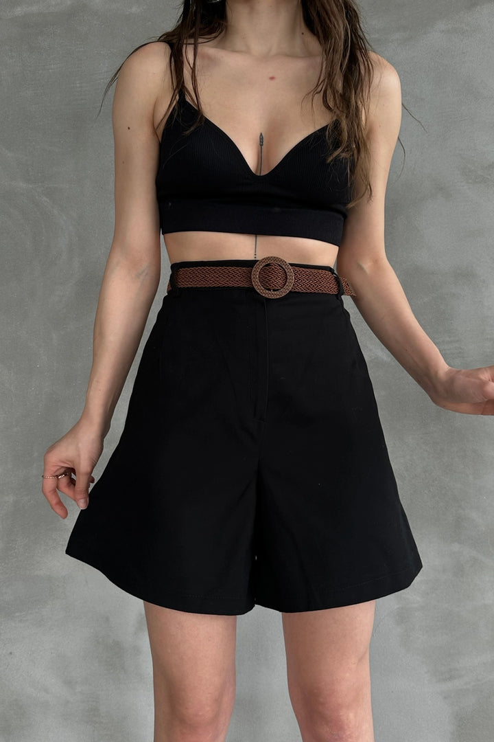 Black High Waisted Wide Leg Mom Shorts BCDF-233305 - Druzhkivka