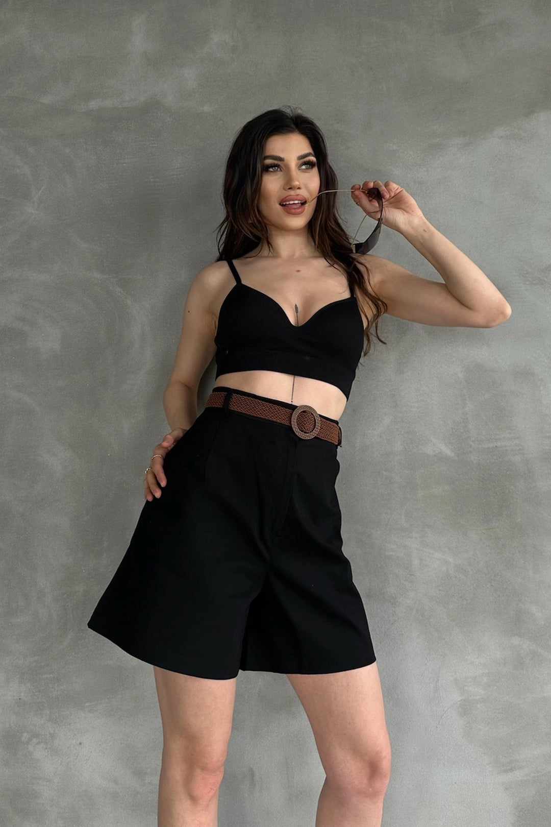 Black High Waisted Wide Leg Mom Shorts BCDF-233305 - Druzhkivka