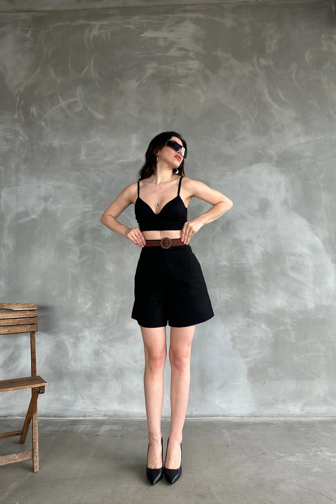 Black High Waisted Wide Leg Mom Shorts BCDF-233305 - Druzhkivka