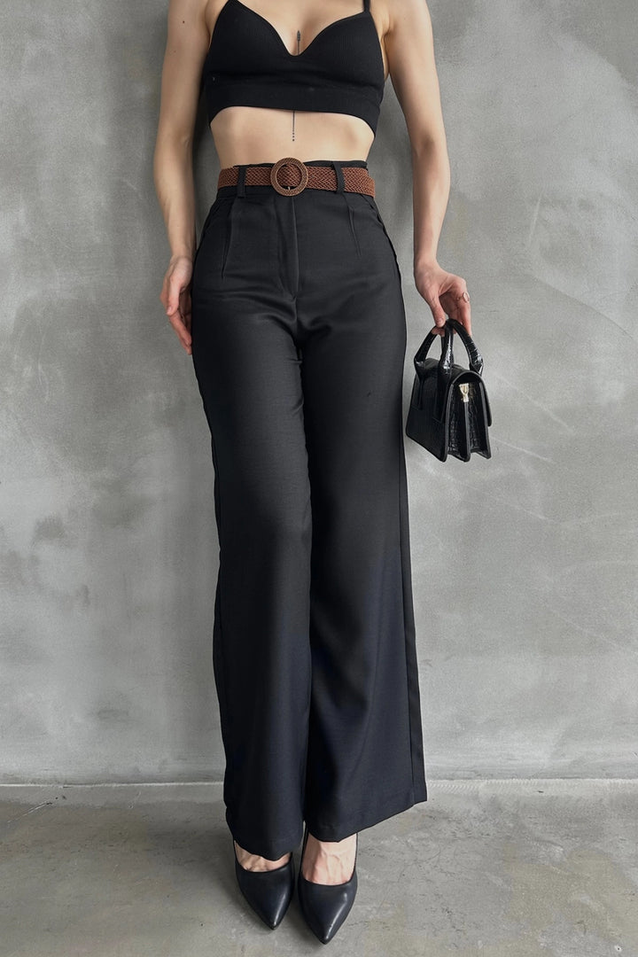 Black Linen Pants with Belt BCDF-241103 - Jonesboro