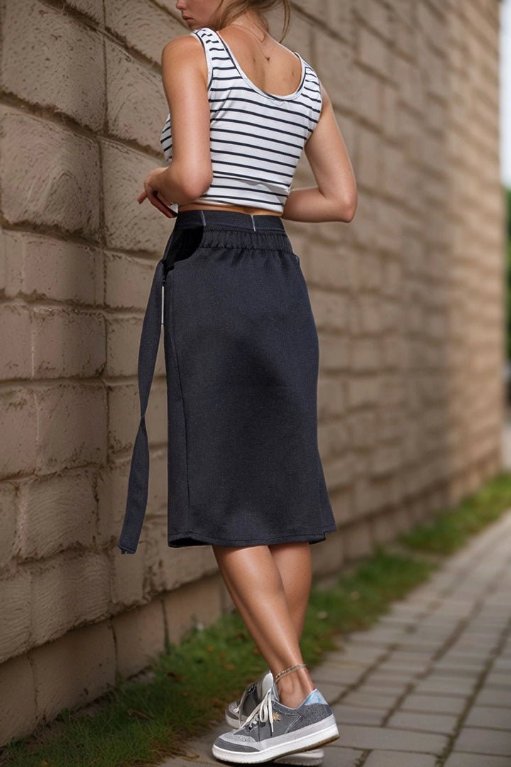 Black High Waist Elastic Asymmetric Cut Buckled Below the Knee Skirt BCBSK-25700-3566 - Clermont-Ferrand