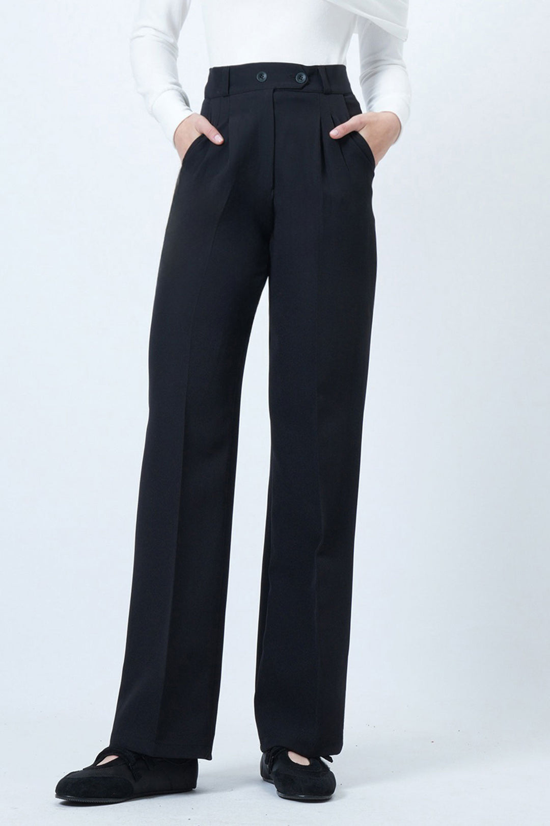 Black High Waist Elastic Button Closure Double Pocket Trousers BCHAV-251229 - Lorain