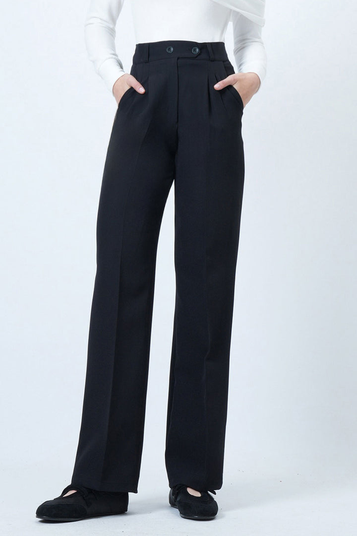 Black High Waist Elastic Button Closure Double Pocket Trousers BCHAV-251229 - Lorain