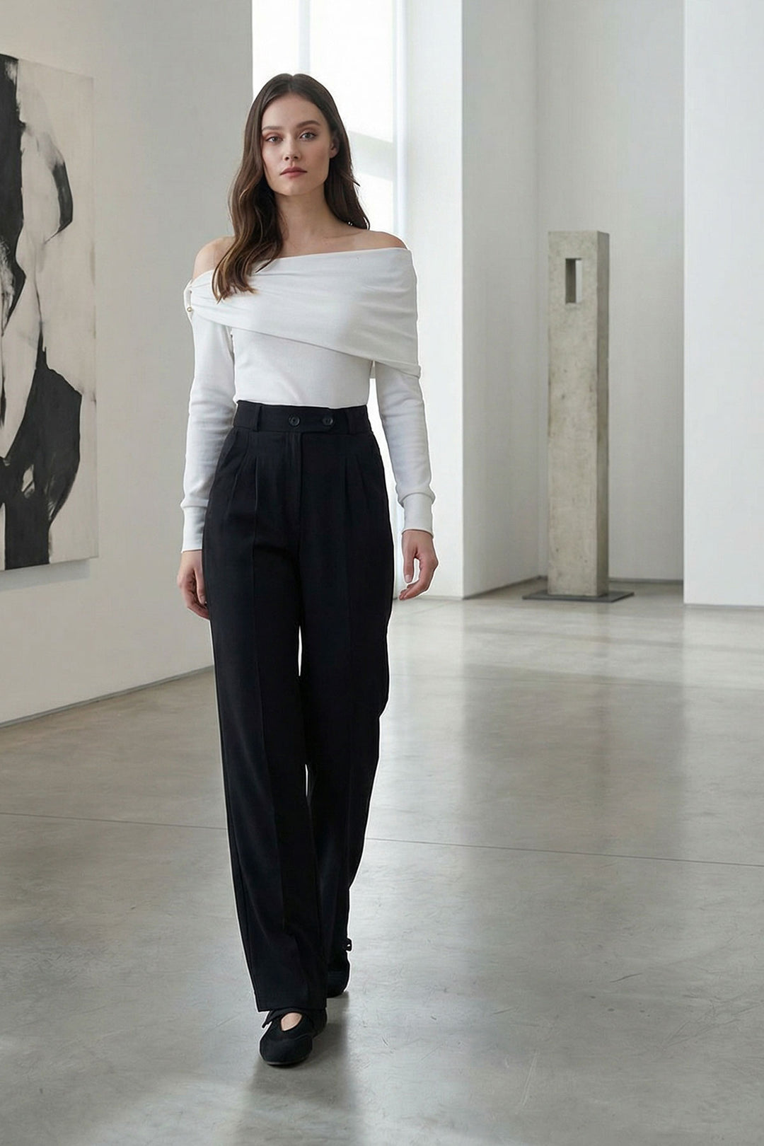 Black High Waist Elastic Button Closure Double Pocket Trousers BCHAV-251229 - Lorain