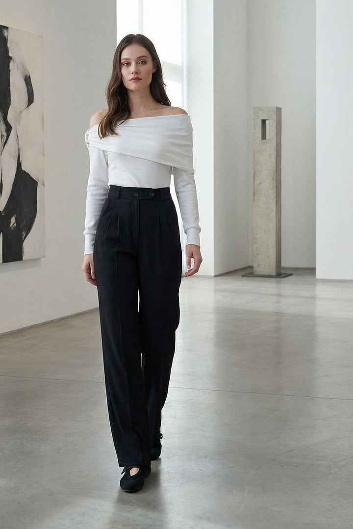 Black High Waist Elastic Button Closure Double Pocket Trousers BCHAV-251229 - Lorain