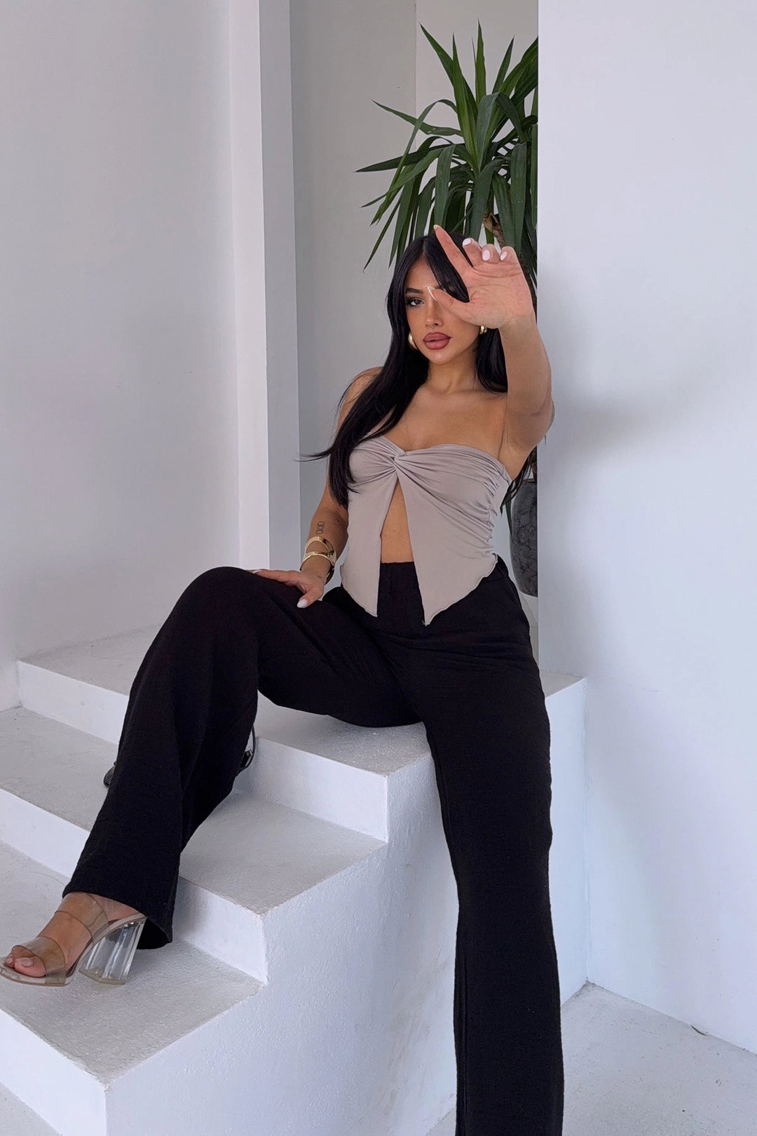 Black High Waist Elasticated Muslin Woven Pants BCBT-251007 - Wilmington