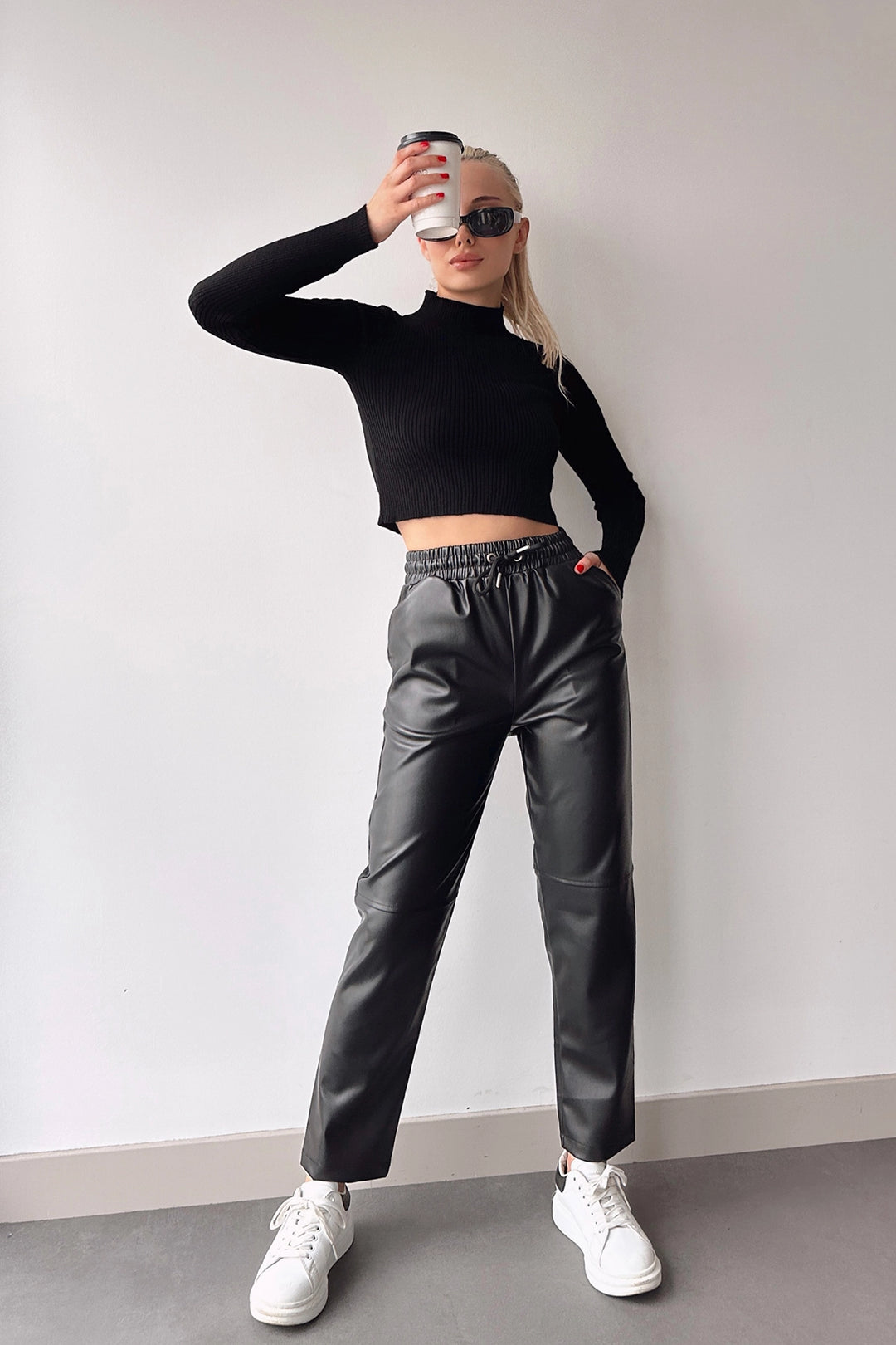 Black High Waist Elastic Comfortable Fit Patched Faux Leather Jogger Pants BC231025 - Évreux