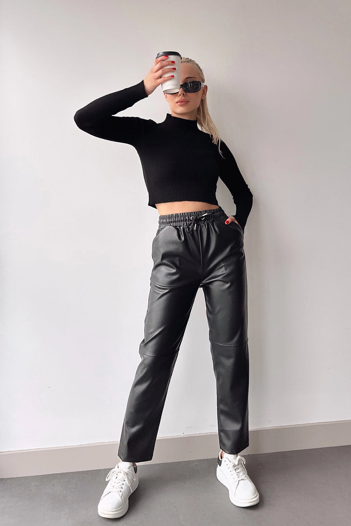 Black High Waist Elastic Comfortable Fit Patched Faux Leather Jogger Pants BC231025 - Évreux