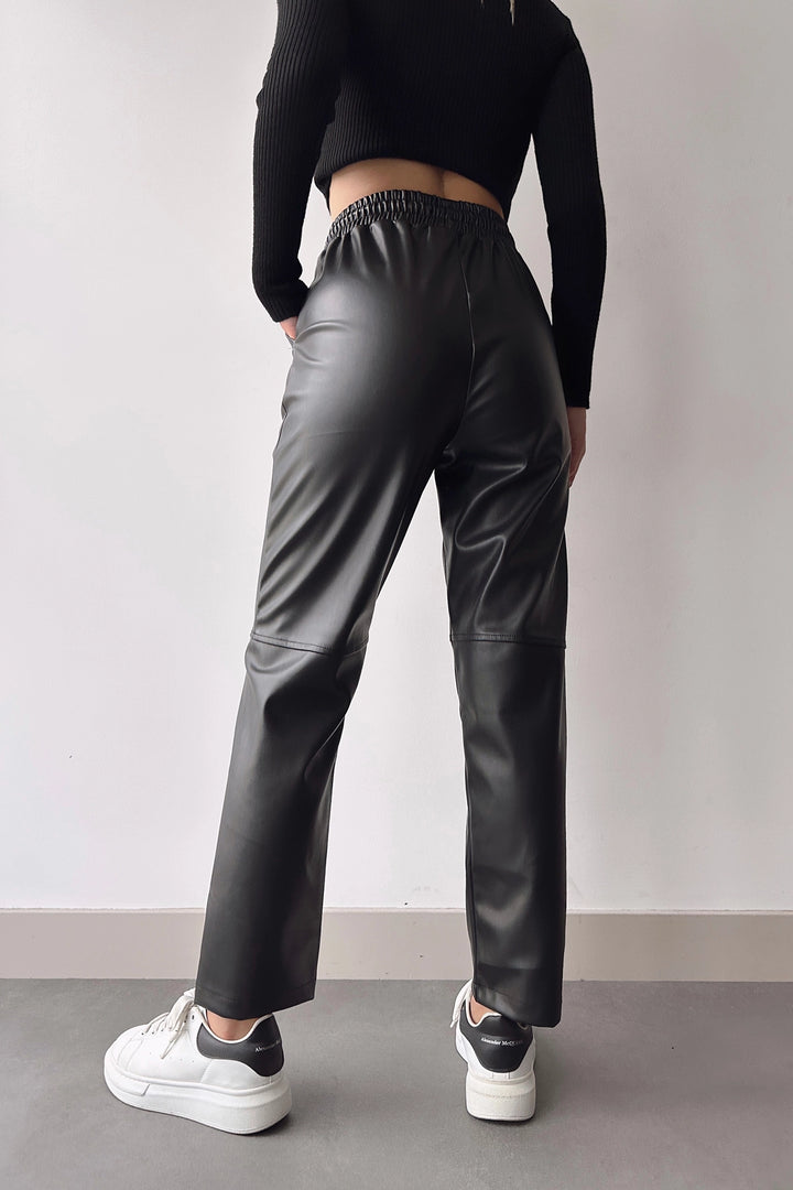 Black High Waist Elastic Comfortable Fit Patched Faux Leather Jogger Pants BC231025 - Évreux