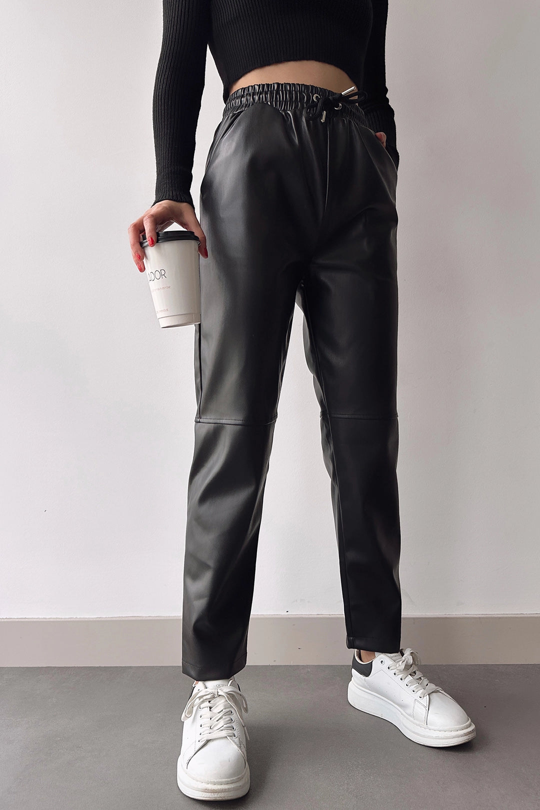Black High Waist Elastic Comfortable Fit Patched Faux Leather Jogger Pants BC231025 - Évreux