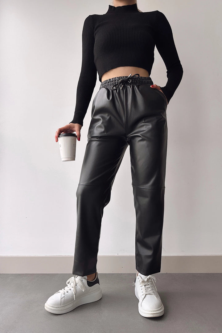 Black High Waist Elastic Comfortable Fit Patched Faux Leather Jogger Pants BC231025 - Évreux