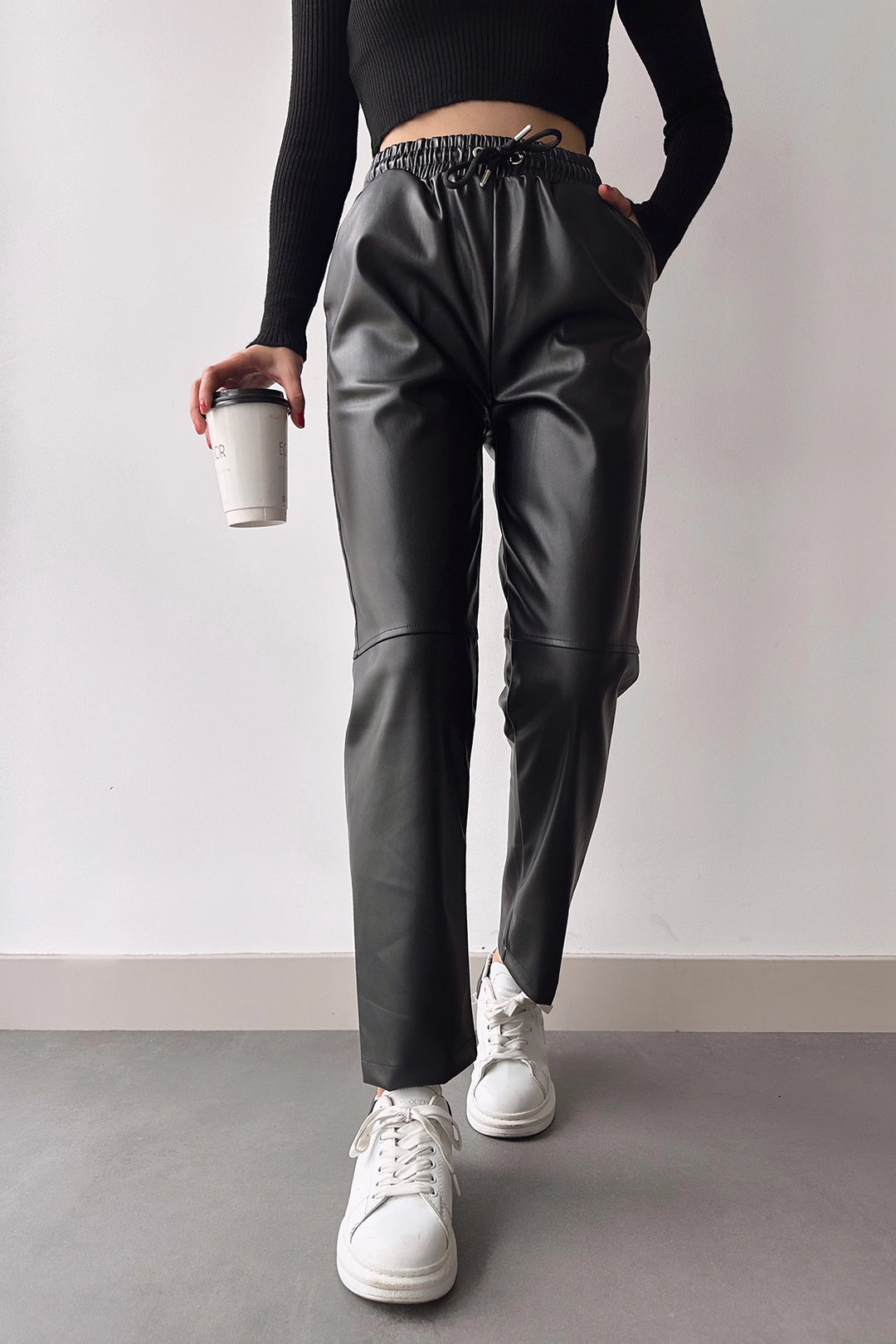 Black High Waist Elastic Comfortable Fit Patched Faux Leather Jogger Pants BC231025 - Évreux