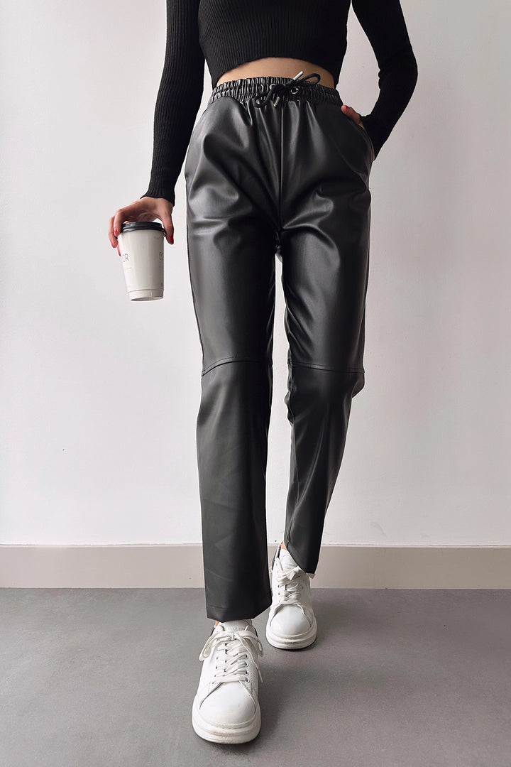 Black High Waist Elastic Comfortable Fit Patched Faux Leather Jogger Pants BC231025 - Évreux
